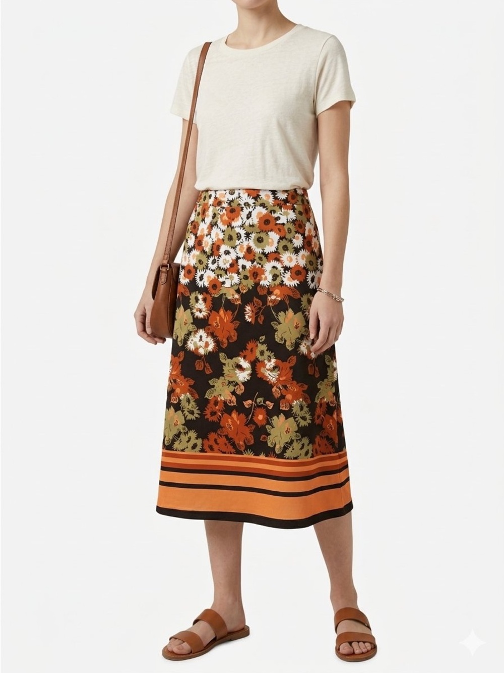 Floral Midi Skirt in Orange, Olive & Black